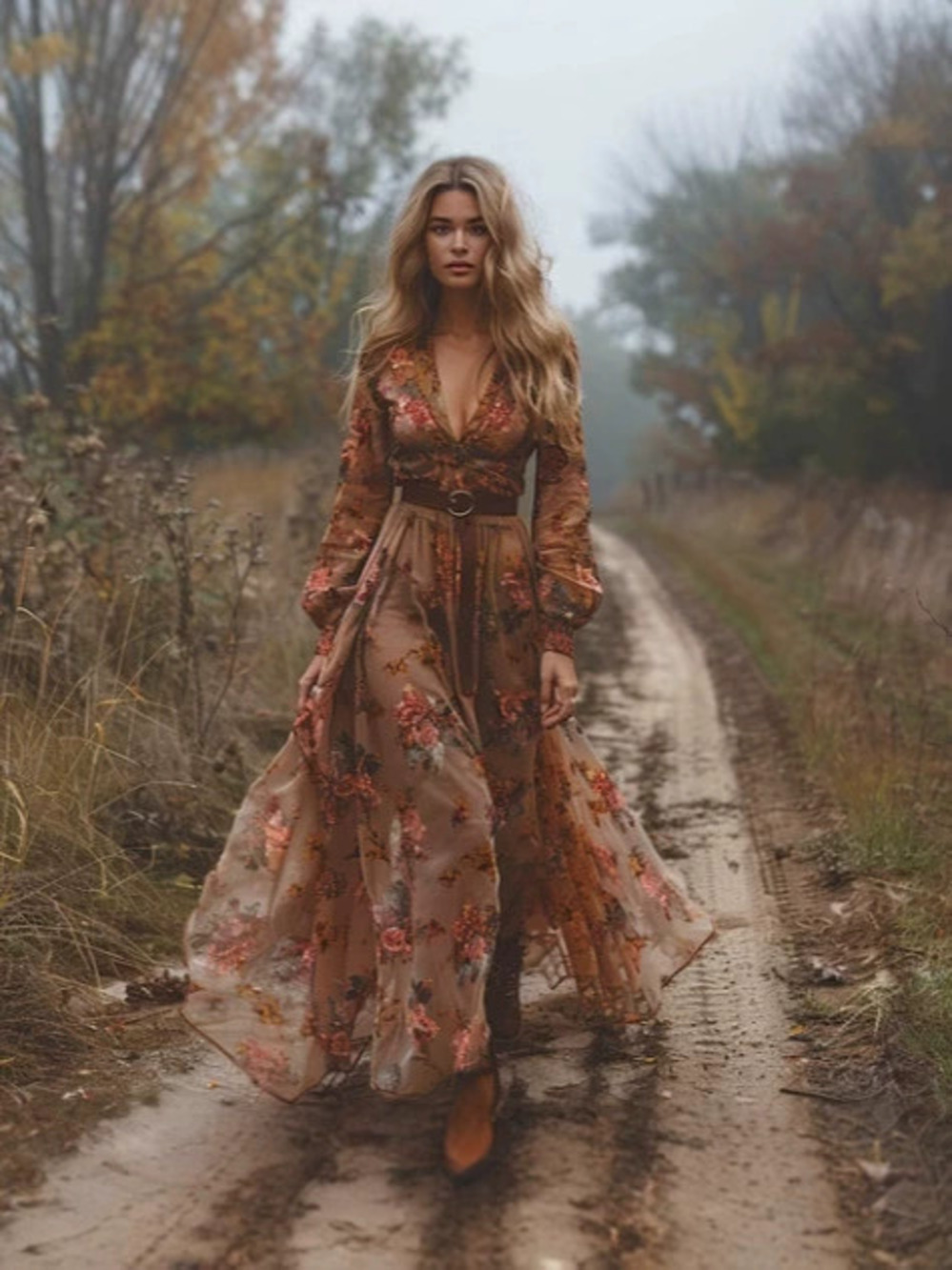 ZARA Long Sleeve Digital Print Collar Maxi Dress